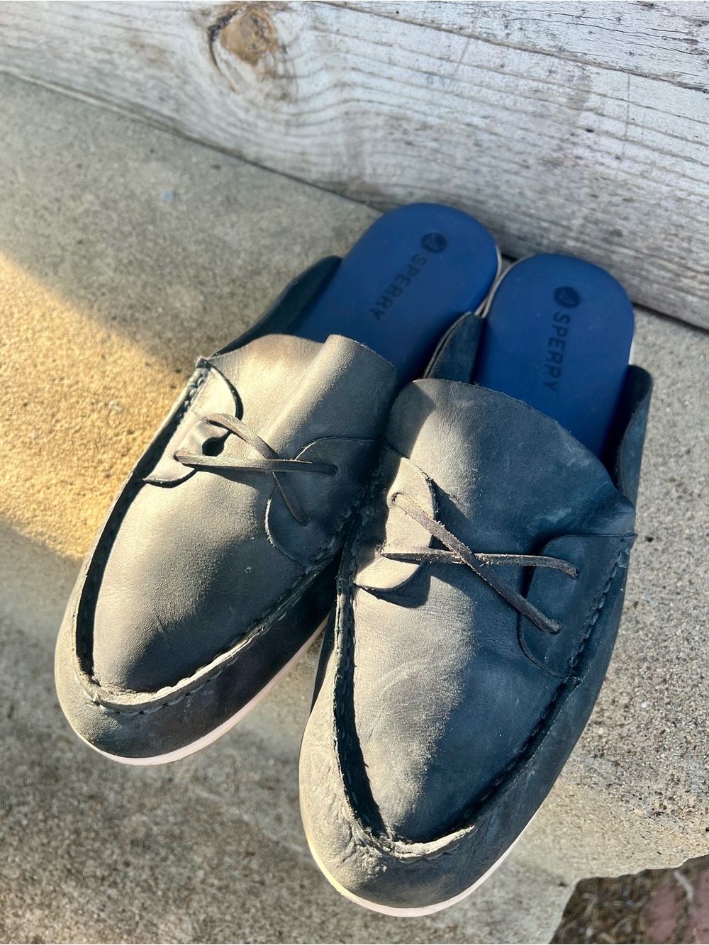Womens Sperry Navy Blue leather slide loafers boat shoes nautical sailing 11M
